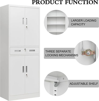 CJF Metal Storage Cabinet with Drawer and Adjustable Shelves, 71" H Locking Storage Cabinet for Pantry Kitchen, Home, Office, Garage, Living Dining Room (White)