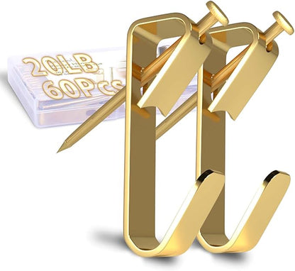Picture Hangers, Extra Thick, 20 lb, for Decorative Drywall & Plaster Walls - Small Nails for Painting, Frame Hooks to Hang for Hanging, 60 pcs, Gold