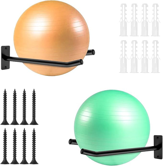 Wall Mount Exercise Ball Holder, Metal Yoga Ball Holder, Heavy Duty Medicine Ball Rack, Stability Ball Storage Rack for Gym, Garage, Home, 2 Pack
