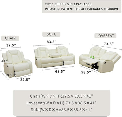 Modern 3 Recliner Seats Leather Power Sectional Reclining Sofa Set with LED Light, 2-Piece Power Recliner Sofa and Chair with Storage Console/Cup Holders for Living Room/Apartment/RV/Office