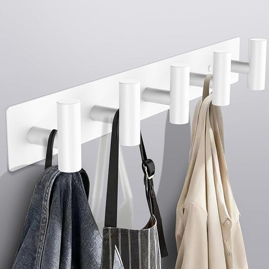 Coat Rack Wall Mount - 5 Hat and Coat Hooks, Heavy Duty Towel Racks for Bathroom Entryway, Wall Hooks for Hanging Robes Bags, Hat Rack Key Hanger Organizer (White)
