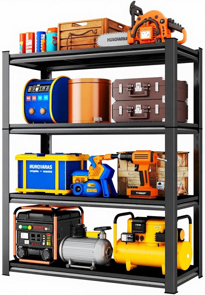 45''W×18''D Garage Shelving, 4 Tier Heavy Duty Metal Garage Storage Shelves, Metal Shelving,2000 lbs Adjustable Standing Shelf and Thickened Double-Layer Posts for Garage,Warehouse,Basement, Black