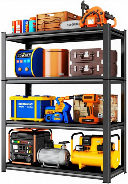 45''W×18''D Garage Shelving, 4 Tier Heavy Duty Metal Garage Storage Shelves, Metal Shelving,2000 lbs Adjustable Standing Shelf and Thickened Double-Layer Posts for Garage,Warehouse,Basement, Black