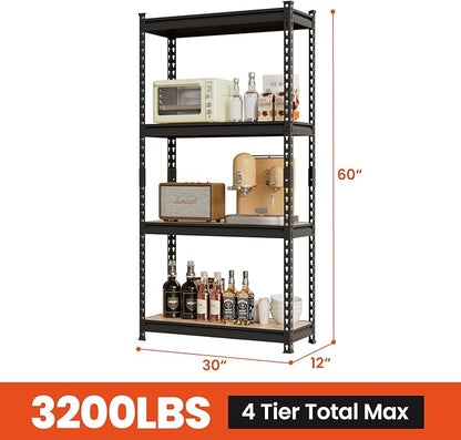 JEKOSEN 3200Lbs Storage Shelves Heavy Duty 4 Tier Adjustable Garage Shelving,Utility Rack Shelf Units for Closet Pantry Basement Kitchen Warehouse,30" Wx12 Dx60 H,Black