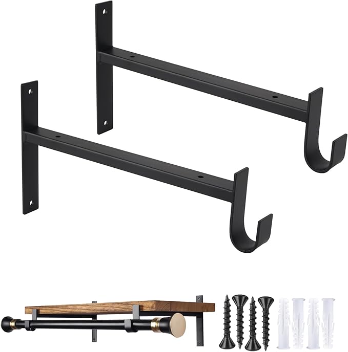 OVOV Shelf Bracket With Rod Holder 2 Pack - 10 Inch Black Heavy Duty Closet Shelf & Rod Brackets