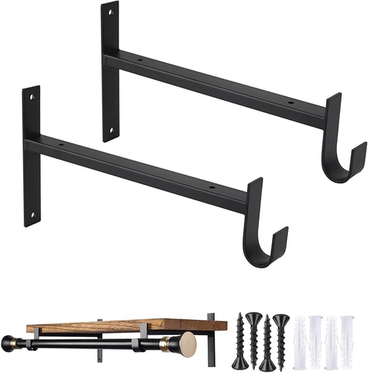 OVOV Shelf Bracket With Rod Holder 2 Pack - 10 Inch Black Heavy Duty Closet Shelf & Rod Brackets
