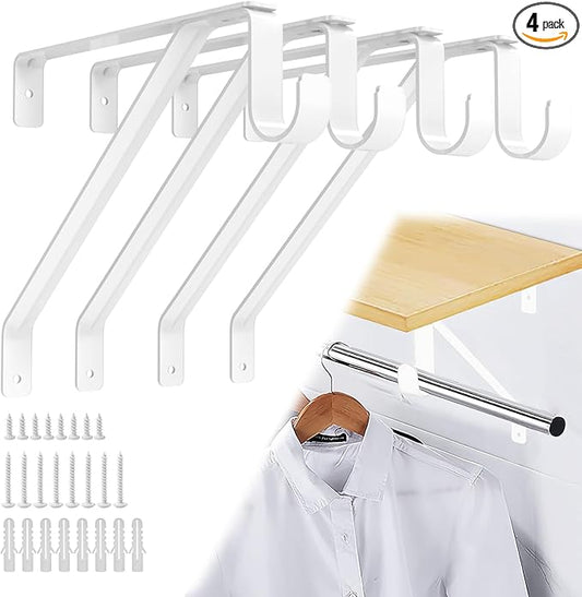 Pisman 10 Inch Heavy Duty Closet Rod Bracket Adjustable 4-Pack, Closet Rod Support with Shelf Bracket and Rod Holders - White Steel Clothes Hanger for Bedroom, Laundry Room Storage
