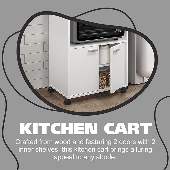 Kings Brand Furniture Ayla Microwave Cabinet with Storage and Upper Shelf for Kitchen Appliances - 2 Door Cabinet Kitchen Storage Cart - Wood Kitchen Cart with Lockable Castors Wheels - White