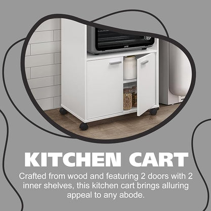 Kings Brand Furniture Ayla Microwave Cabinet with Storage and Upper Shelf for Kitchen Appliances - 2 Door Cabinet Kitchen Storage Cart - Wood Kitchen Cart with Lockable Castors Wheels - White