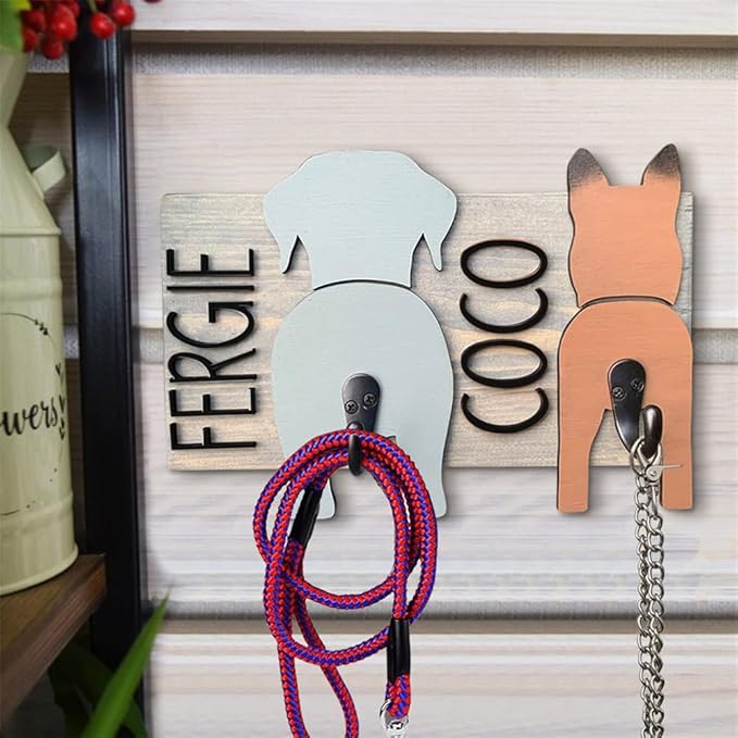 Personalized Dog Leash Holder for Wall Custom Name, Wooden Dog Butt Leash Hook, Decorative Key Rack Hooks Hanger for Entryway, Hallway, Farmhouse Dog Items Storage Organizer (2 Dog)
