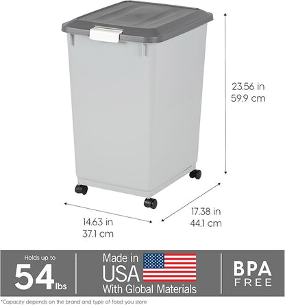 IRIS USA Dog Food Storage Container with Wheels, Airtight Lid, 2-Cup Scoop, Up to 54 Pounds Pet Food Storage, Built in Scoop Storage in Lid, Versatile Pet Food Bin, Portable, BPA Free, Gray/Dark Gray