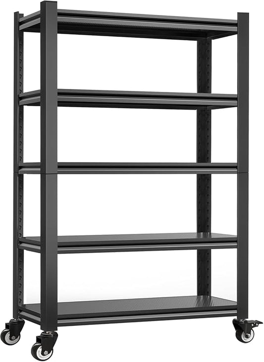 5-Tier Heavy Duty Storage Shelves with Lockable Casters - 3000LBS Capacity with No-Sag Aluminum Boards, Commercial Storage Rack for Garage, Warehouse, Kitchen, 72" Hx31.5 Wx17 D