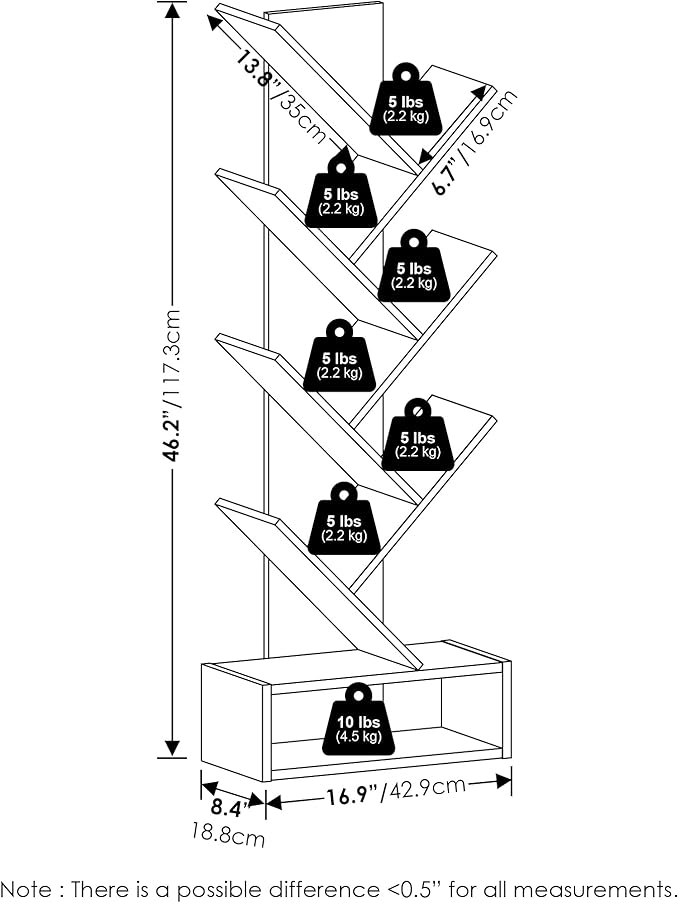 Furinno Tree Book Shelf, 7-Tier Bookshelf, Tree Bookcase with Bottom Shelf, 8.4 x 16.9 x 46.2, for Living Room, Bedroom, Home Office, White