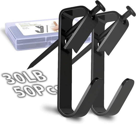 Picture Hangers, Extra Thick, 30 lb, for Decorative Drywall & Plaster Walls - Small Nails for Painting, Frame Hooks to Hang for Hanging, 50 pcs, Black