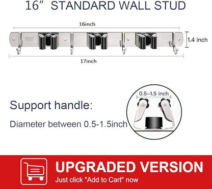 IMILLET Broom Holder Wall Mounted, Stainless Steel Broom and Mop Holder Self Adhesive Broom Organizer Heavy Duty Hooks Storage Organizer for Home Laundry Room Garden Garage Closet Kitchen (1 Pack)