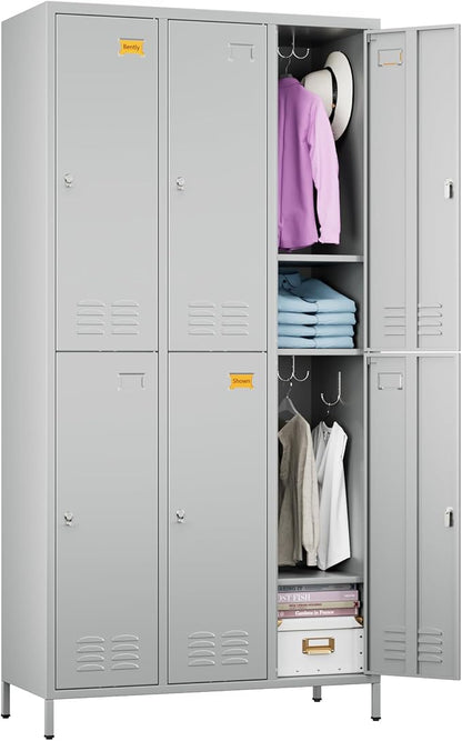 Aobabo Metal Locker for Employees, 6 Doors Metal Locker Cabinet with Lock, Industrial Storage with 18 Hooks, Storage for Office, Gym, Dormitory, Assembly Required, Light Grey