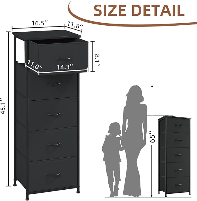 Somdot Tall Dresser for Bedroom with 5 Drawers, Storage Organizer Chest of Drawers with Removable Fabric Bins for Closet Bedside Living Room Laundry Entryway Hallway, Black