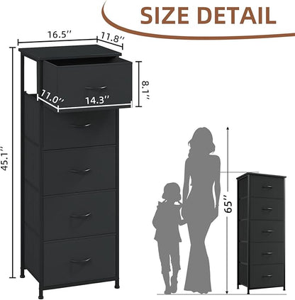 Somdot Tall Dresser for Bedroom with 5 Drawers, Storage Organizer Chest of Drawers with Removable Fabric Bins for Closet Bedside Living Room Laundry Entryway Hallway, Black