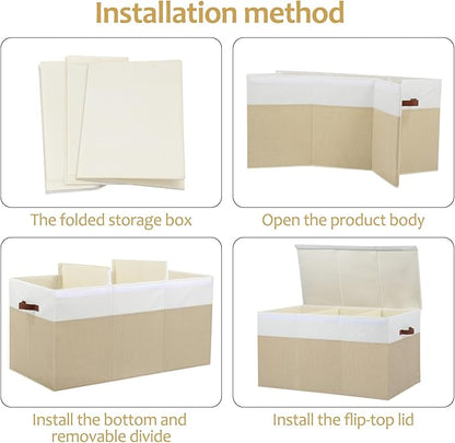 Extra Large Toy Storage Box with Lid, Sturdy Toys Storage Chest Bin Organizer Basket with Dividers for Kids, Boys, Girls, Nursery, Closet, Bedroom, Playroom 35.5"x17" x17" (Beige and White)
