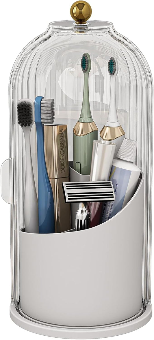 Dustproof Toothbrush Holders with Cover, Rotating Electric Toothbrush and Toothpaste Holder for Bathroom Countertop, 3 Slots Makeup Brushes Organizer, Transparent