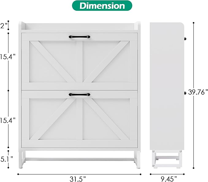 Betterhood Entryway Shoe Cabinet with 2 Flip Drawers, Slim Shoe Rack Cabinet, Freestanding Hidden Shoe Organizer Cabinet with Metal Legs, Shoe Cabniet for Entryway with Storage, Hallway, Foyer, White