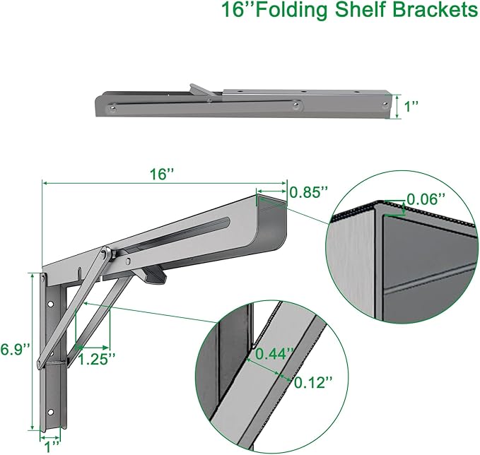 MySit 16" Folding Shelf Brackets 4 PCS, Max Load 550lb Heavy Duty Stainless Steel DIY Collapsible Wall Mounted L Shelf Bracket Space Saving for Table Work Bench
