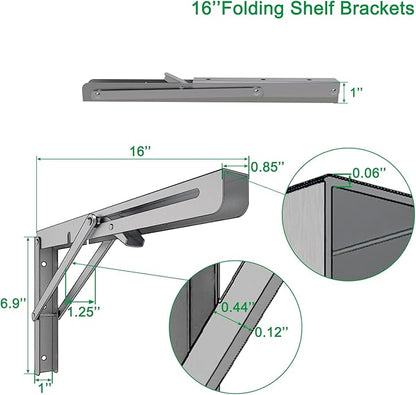 MySit 16" Folding Shelf Brackets 4 PCS, Max Load 550lb Heavy Duty Stainless Steel DIY Collapsible Wall Mounted L Shelf Bracket Space Saving for Table Work Bench