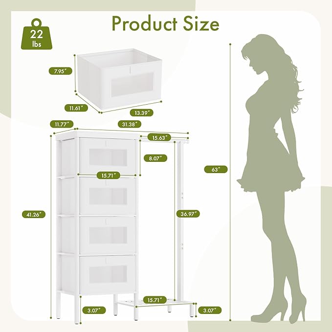 Bamboo Dresser with Hanging Rack, 4-Drawer Small Closet Organizer for Bedroom, Tall Storage Tower with Clothes Rack, Natural Wood 41.4"H x 31.3"W–Space-Saving Design, Easy Assembly （white）