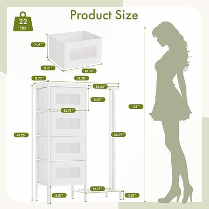 Bamboo Dresser with Hanging Rack, 4-Drawer Small Closet Organizer for Bedroom, Tall Storage Tower with Clothes Rack, Natural Wood 41.4"H x 31.3"W–Space-Saving Design, Easy Assembly （white）