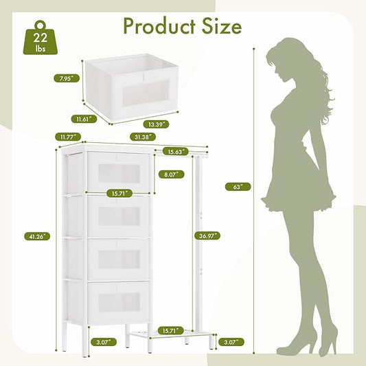 Bamboo Dresser with Hanging Rack, 4-Drawer Small Closet Organizer for Bedroom, Tall Storage Tower with Clothes Rack, Natural Wood 41.4"H x 31.3"W–Space-Saving Design, Easy Assembly （white）