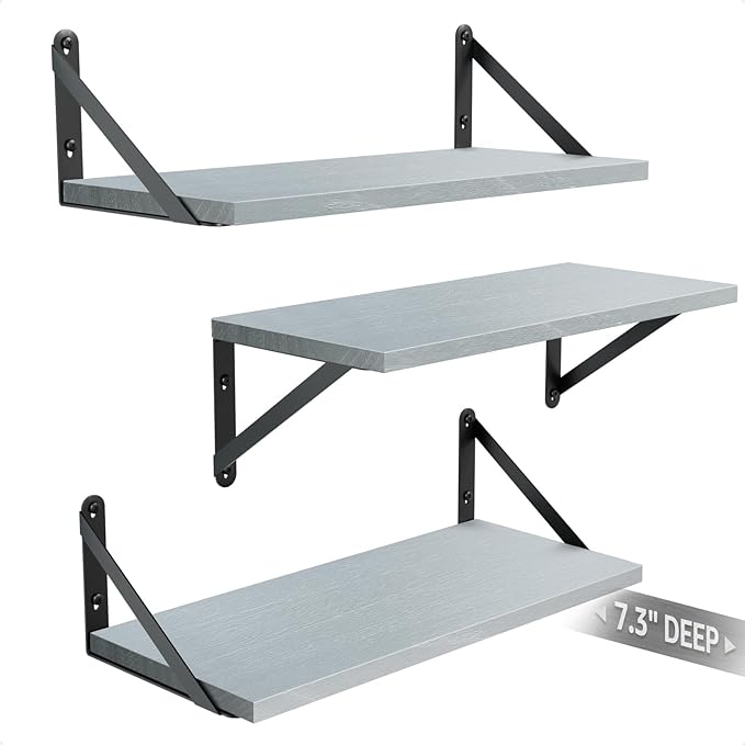 Wall Shelves 7.3" Deep Set of 3, Solid Paulownia Wood Wider Longer Sturdy Easy to Install Wall Mounted Bookshelves Storage Shelves Bathroom Home Office Laundry Room Bedroom Organizer Gray