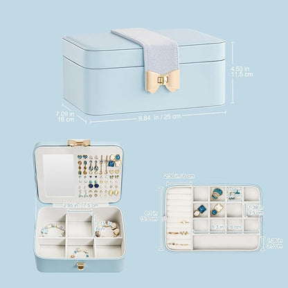 Lolalet 2 Layer Jewelry Box for Teen Girls & Young Women, Jewelry Organizer Case with Bow Clasp and Mirror for Earrings Rings Necklaces Storage, Gift Idea -Blue