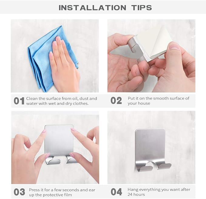 Deluxe Razor Holder for Shower-Hook Hanger Stand(4 Pack)Adhesive Stainless Steel Heavy Duty Utility Storage Hook,Shower Hook for Razor Bathroom Kitchen Organizer for Shaver Plug Robe Towel Loofah Coat