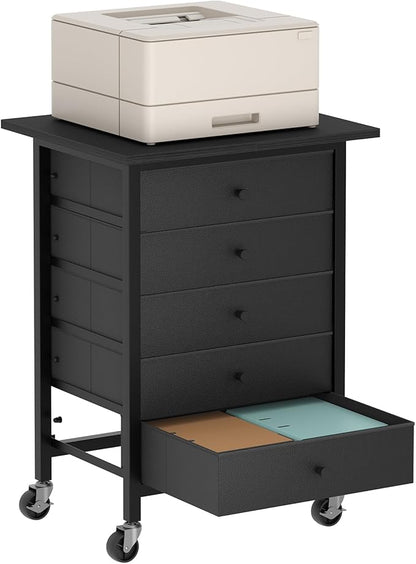 5 Drawer File Cabinet,Rolling Filing Chest Cabinet with Wheels, Under Desk Storage Organizer, Printer Stand with Non-Woven Fabric Drawer, for Home Office, Study, Black FCBK4801