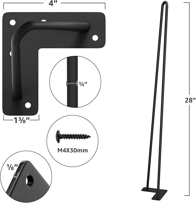 SMARTSTANDARD Hairpin Table Legs 24 Inch, 3/8" Solid Metal Legs for DIY Bench Desk Chairs Dining End Table - Set of 4, Carbon Steel Black Heavy Duty Furniture Legs with Rubber Floor Protectors