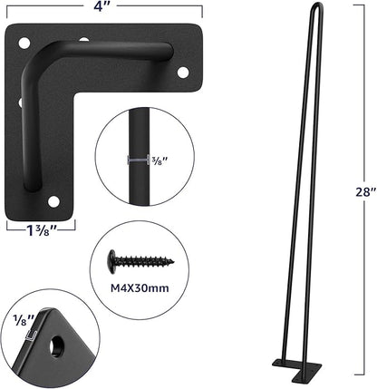 SMARTSTANDARD Hairpin Table Legs 28 Inch, 3/8" Solid Metal Legs for DIY Bench Desk Chairs Dining End Table - Set of 4, Carbon Steel Black Heavy Duty Furniture Legs with Rubber Floor Protectors