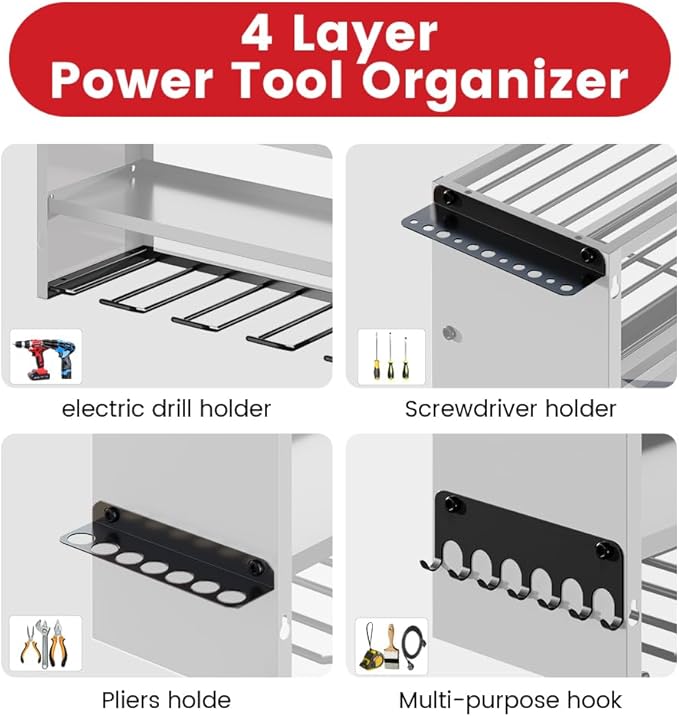 53" Power Tool Organizer Wall Mount with Power Strip, Heavy Duty Metal Tool Shelf, 400lbs Capacity for Cordless Drills, Batteries & Garage Storage (12 Slots with 8 Outlets Power Strip)