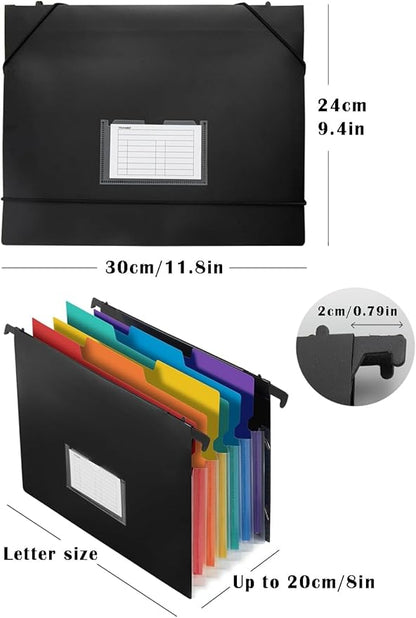 TRANBO 7-Pockets Hanging File Folder with Retractable Hooks for Filing Cabinet, 2 in 1 Expandable Accordion File Organizer with Elastic Band for File Frame or On-The-Go Use (1 Pcs)