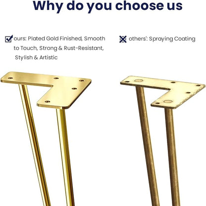 SMARTSTANDARD 8 Inch Hairpin Furniture Legs, 3/8'' Rods Metal Home DIY Projects for Nightstand, Coffee Table, Bed with Rubber Floor Protectors, Gold Set of 4PCS