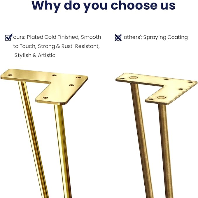 SMARTSTANDARD 6 Inch Hairpin Furniture Legs, 3/8'' Rods Metal Home DIY Projects for Nightstand, Coffee Table, Cabinet with Rubber Floor Protectors, Gold Set of 4PCS