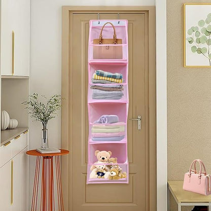 Bibabala Over The Door Organizer Storage,4 Shelf Swing-Proof Behind Door Organizers with Metal Hooks,Closet Hanging Organizer with 4 Large Clear Pocket for Bedroom,Bathroom,Pantry(Pink)
