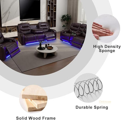 Living Room Furniture Sets, 3-Piece Power Reclining Breathing Leather Sofa Set with Storage Console, 5 Power Recliner Seats/Cup Holder/LED Light/USB Port for Living Room Sofa, Office