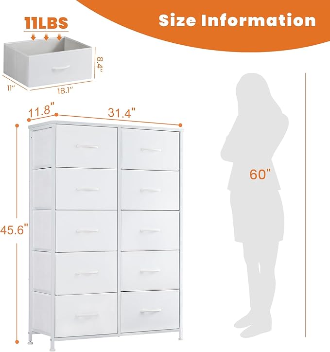 Sweetcrispy 10 Drawer Fabric Dresser Tall Chest Storage Organizer Tower with Cabinet Metal Frame and Wood Top Lightweight Closet Furniture for Bedroom,Cream White