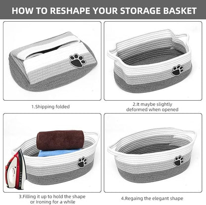 Small Woven Baskets for Organizing Rope Storage Basket with Handle Cute Cotton Basket for Nursery Gift Dog Toy Storage Bins for Toy Organizer Grey-white