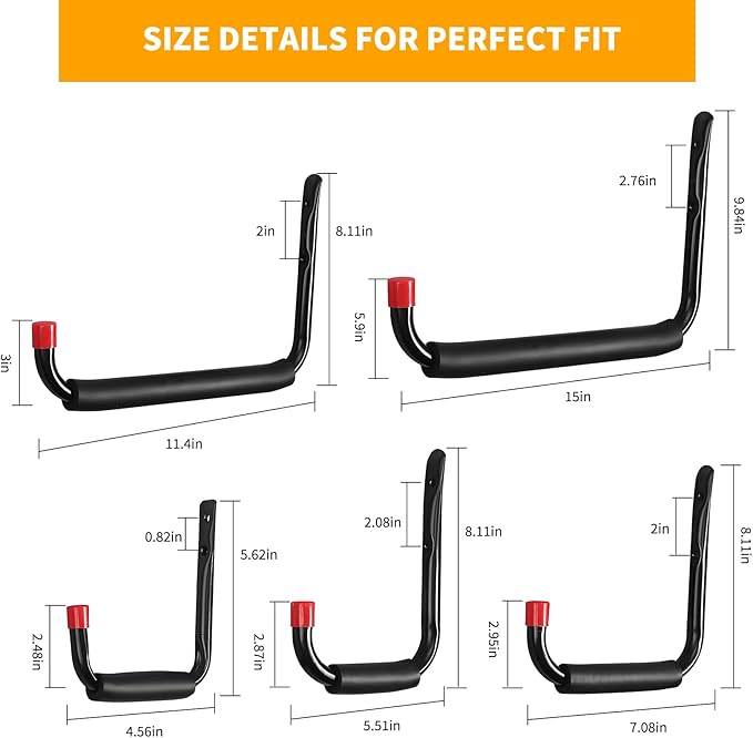 6 Pack Garage Hooks Heavy Duty, Utility Steel Hooks with EVA Foam Padding, 15inch Wall Mount J Organizer Hanger for Hanging Bikes Kayak Garden Tool Hose Bike Shelf