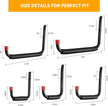 6 Pack Garage Hooks Heavy Duty, Utility Steel Hooks with EVA Foam Padding, 15inch Wall Mount J Organizer Hanger for Hanging Bikes Kayak Garden Tool Hose Bike Shelf