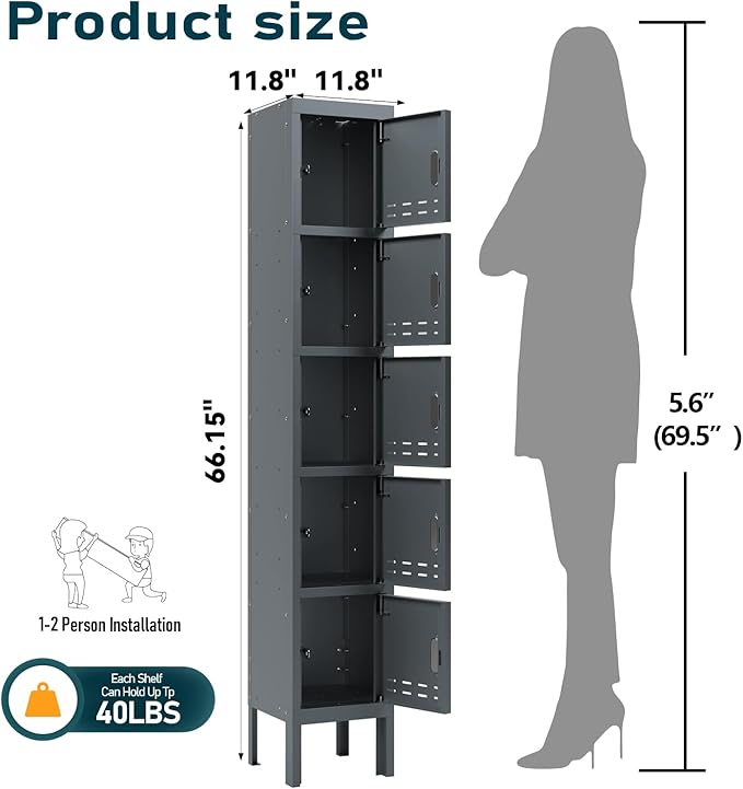 Metal Storage Locker with Lock & Card Slot Locker - Secure Lockable Door - Steel Locker for School, Office, Gym, Home - 66.15" H x 11.8" W x 11.8" D（5 Door, Grey）