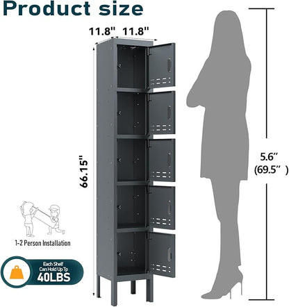 Metal Storage Locker with Lock & Card Slot Locker - Secure Lockable Door - Steel Locker for School, Office, Gym, Home - 66.15" H x 11.8" W x 11.8" D（5 Door, Grey）