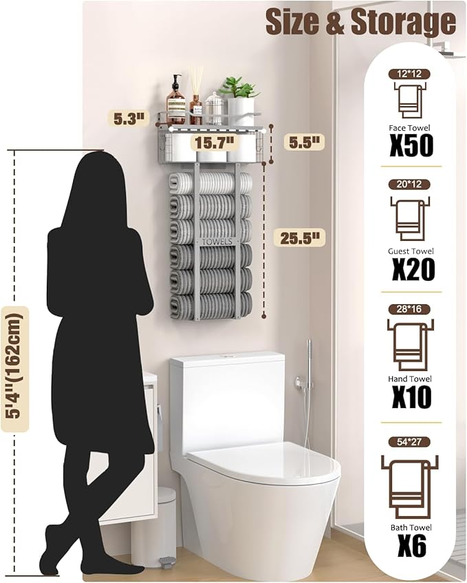 Towel Racks for Bathroom - Wall Mounted Metal Rack with Wood Plank, Bathroom Storage Organizer, Towel Holder Stores 6 Large Rolled Towels Easily, All Grey