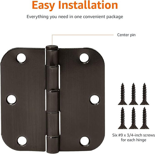Amazon Basics Rounded 5/8 Radius Interior Door Hinges with Screws, 3.5" x 3.5", Oil Rubbed Bronze, 18-Pack
